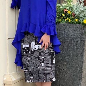 Black and white newsprint midi skirt.